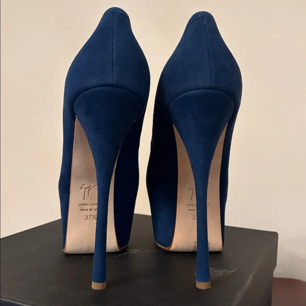 Giuseppe Zanotti Suede Leather Blue Stiletto Liza 90 Open Toe Platform Pump 7.5